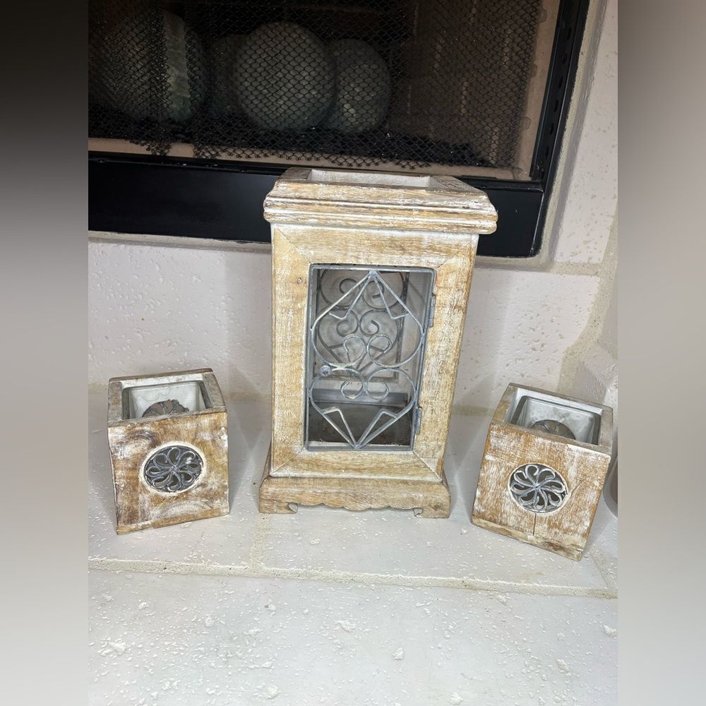 Pier 1 Imports Rustic Wooden Lantern with Metal Accents